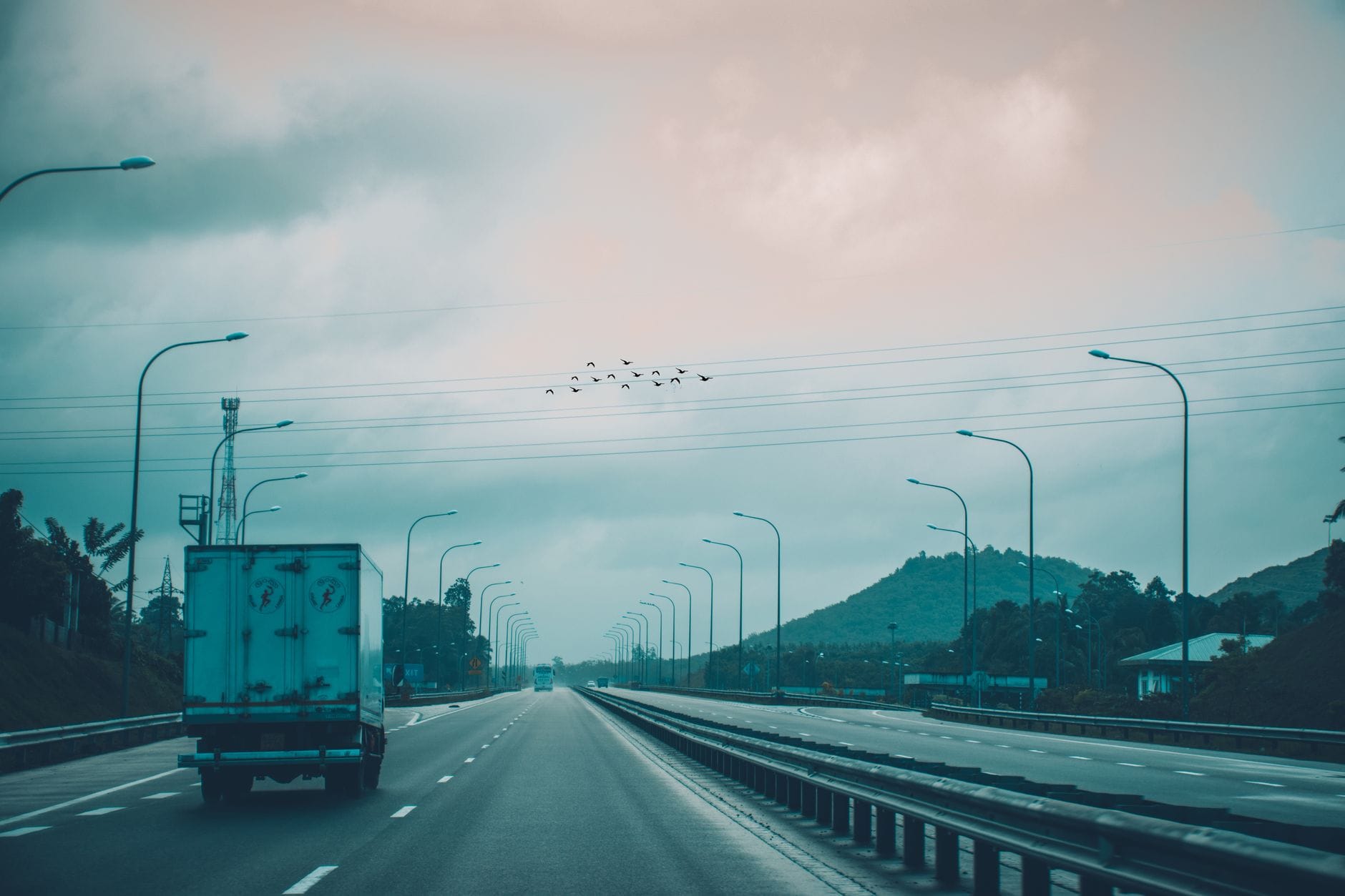 Pusta autostrada wśród wzgórz, stado ptaków na niebie Pusta autostrada wśród wzgórz, stado ptaków na niebie