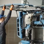 Mechanik w mundurze sprawdza silnik ciężarówki w warsztacie